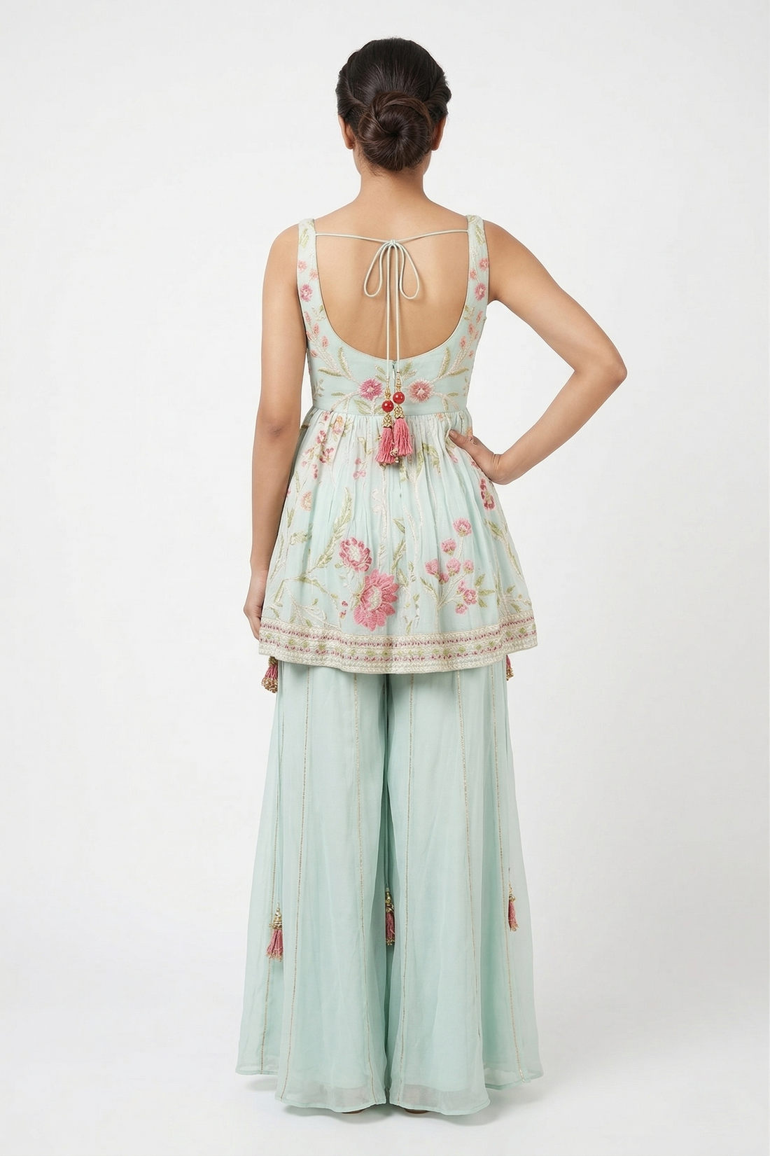 Mint Green Indo-Western Kurta Set with Palazzo & Dupatta