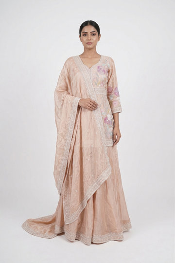 Pink Indo-Western Kurta Set with Palazzo & Dupatta