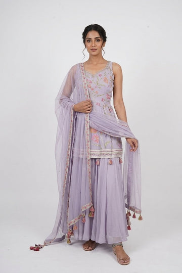 Lilac Floral Embroidered Kurta With Sharara & Dupatta Set