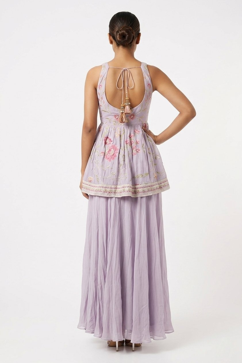 Lilac Floral Embroidered Kurta With Sharara & Dupatta Set