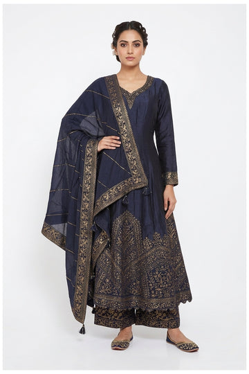 Navy Blue Embroidered Anarkali Kurta Palazzo Set With Dupatta