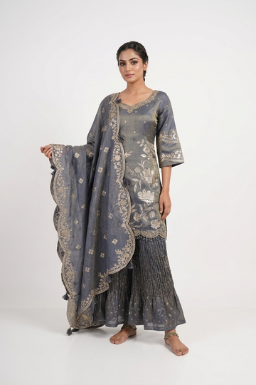 Dark Steel Blue Embroidered Kurta Set With Flared Skirt & Dupatta