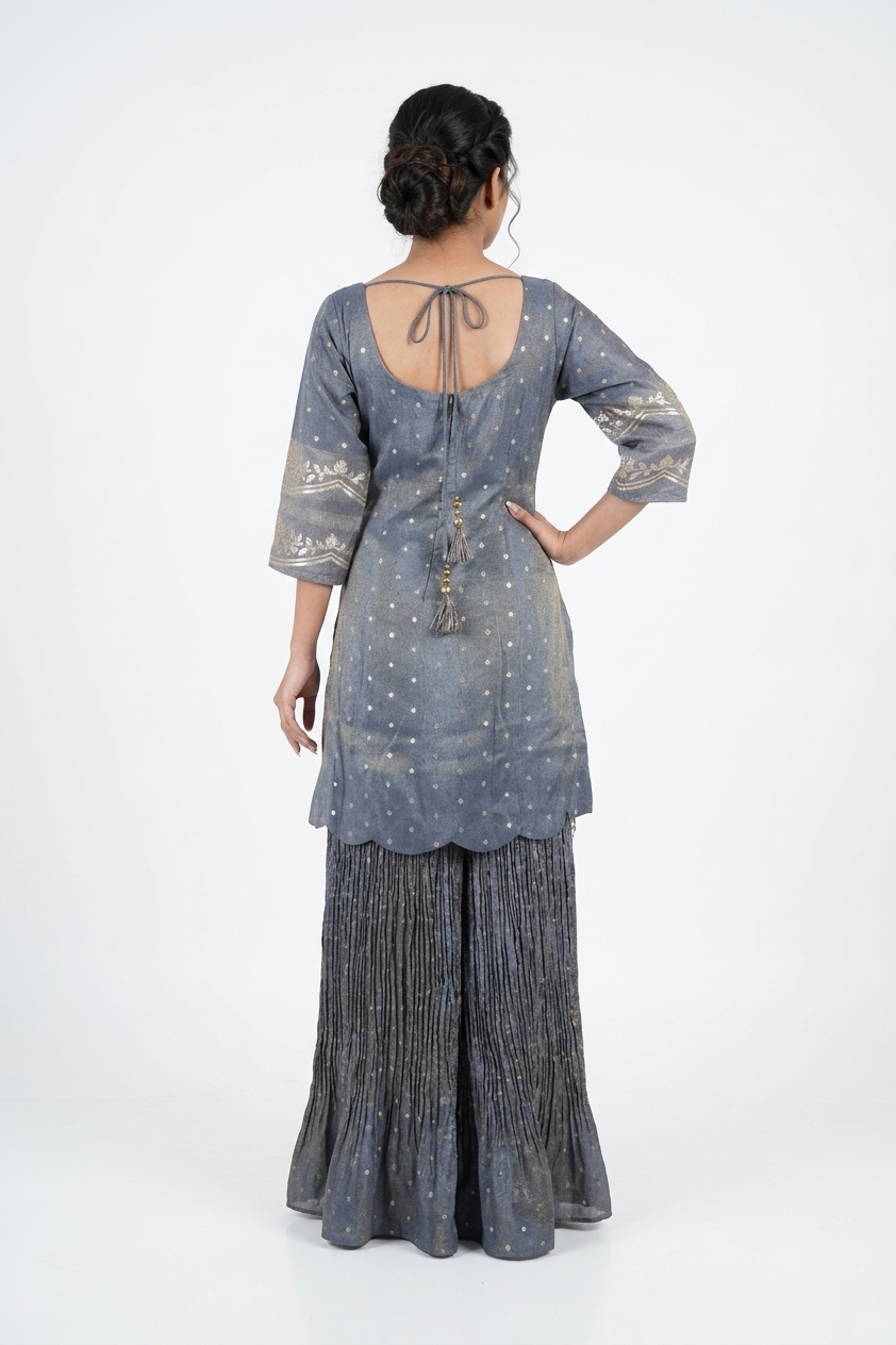 Dark Steel Blue Embroidered Kurta Set With Flared Skirt & Dupatta