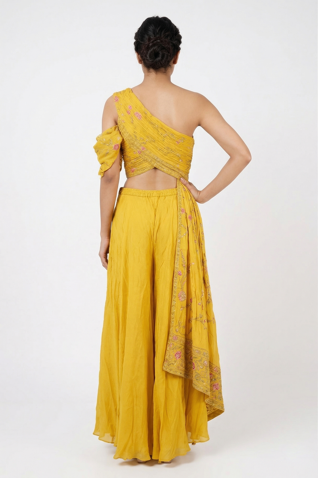 Sunshine Yellow Draped Indo-Western Palazzo Set With Embroidered Dupatta