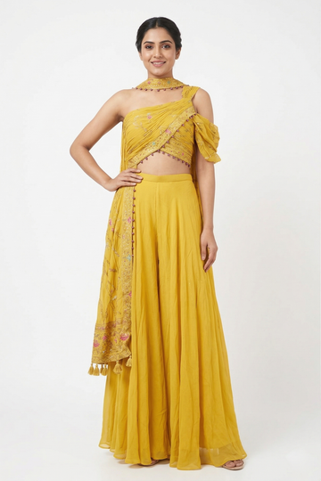Sunshine Yellow Draped Indo-Western Palazzo Set With Embroidered Dupatta