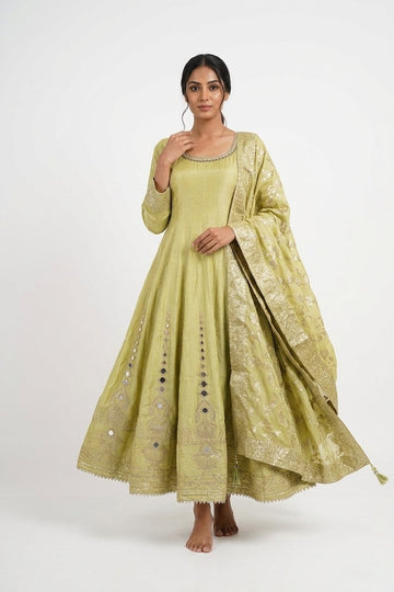 Pastel Olive Embroidered Designer Gown With Banarasi Dupatta