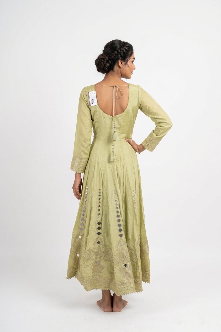 Pastel Olive Embroidered Designer Gown With Banarasi Dupatta