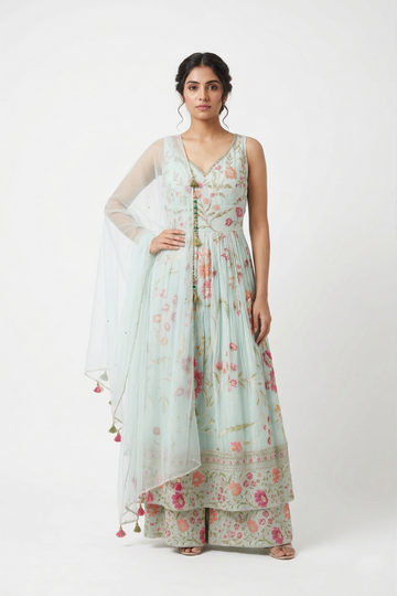 Aqua Floral Embroidered Anarkali Set With Dupatta