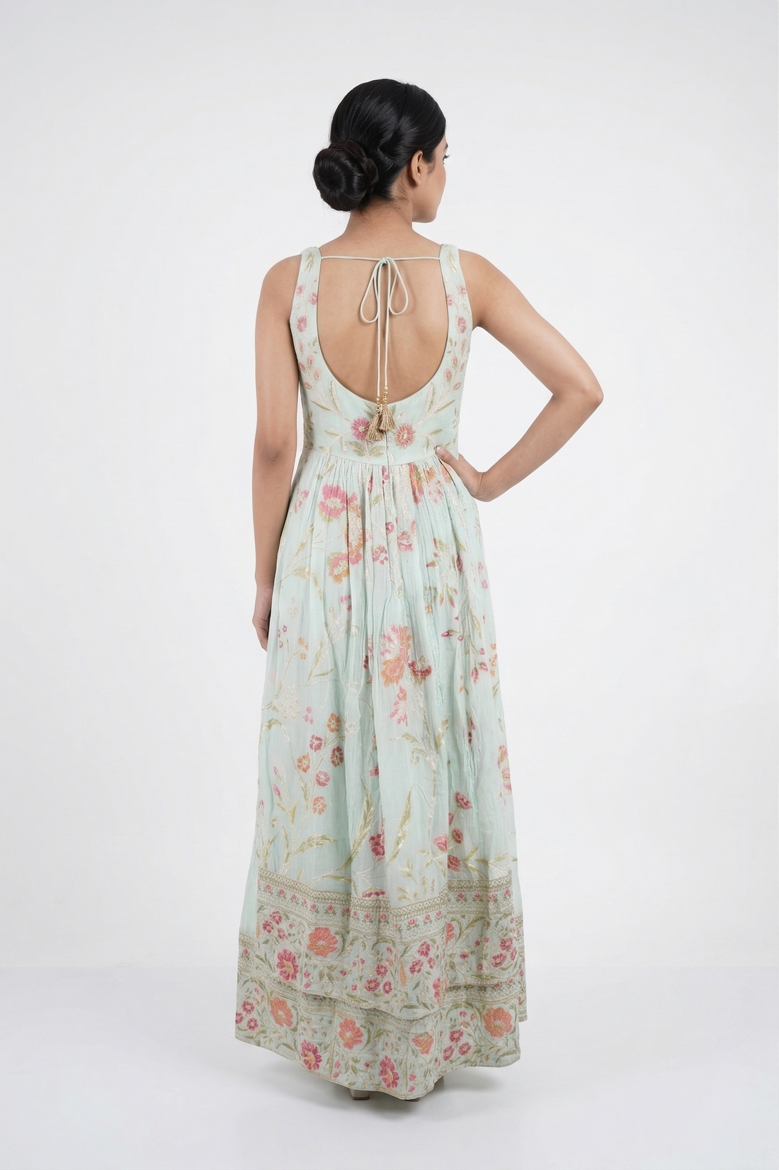 Aqua Floral Embroidered Anarkali Set With Dupatta