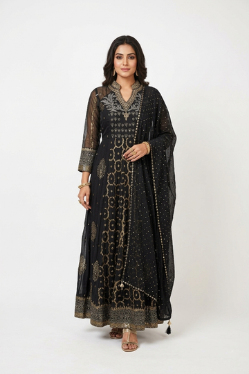Midnight Black Embroidered Kurta Palazzo Set With Sequin Dupatta