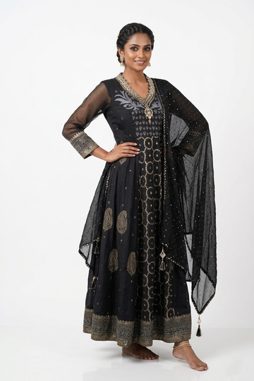 Dark Navy Blue Embroidered Anarkali Kurta Set With Dupatta