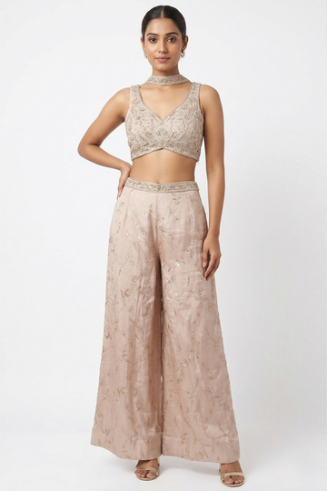 Blush Pink Embroidered Crop Top Palazzo Set with Choker Dupatta