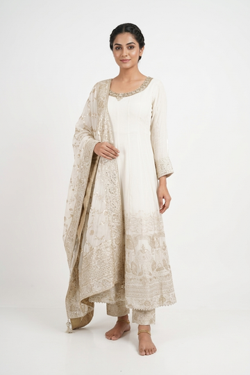 Ivory Gold Embroidered Anarkali Kurta Set With Dupatta