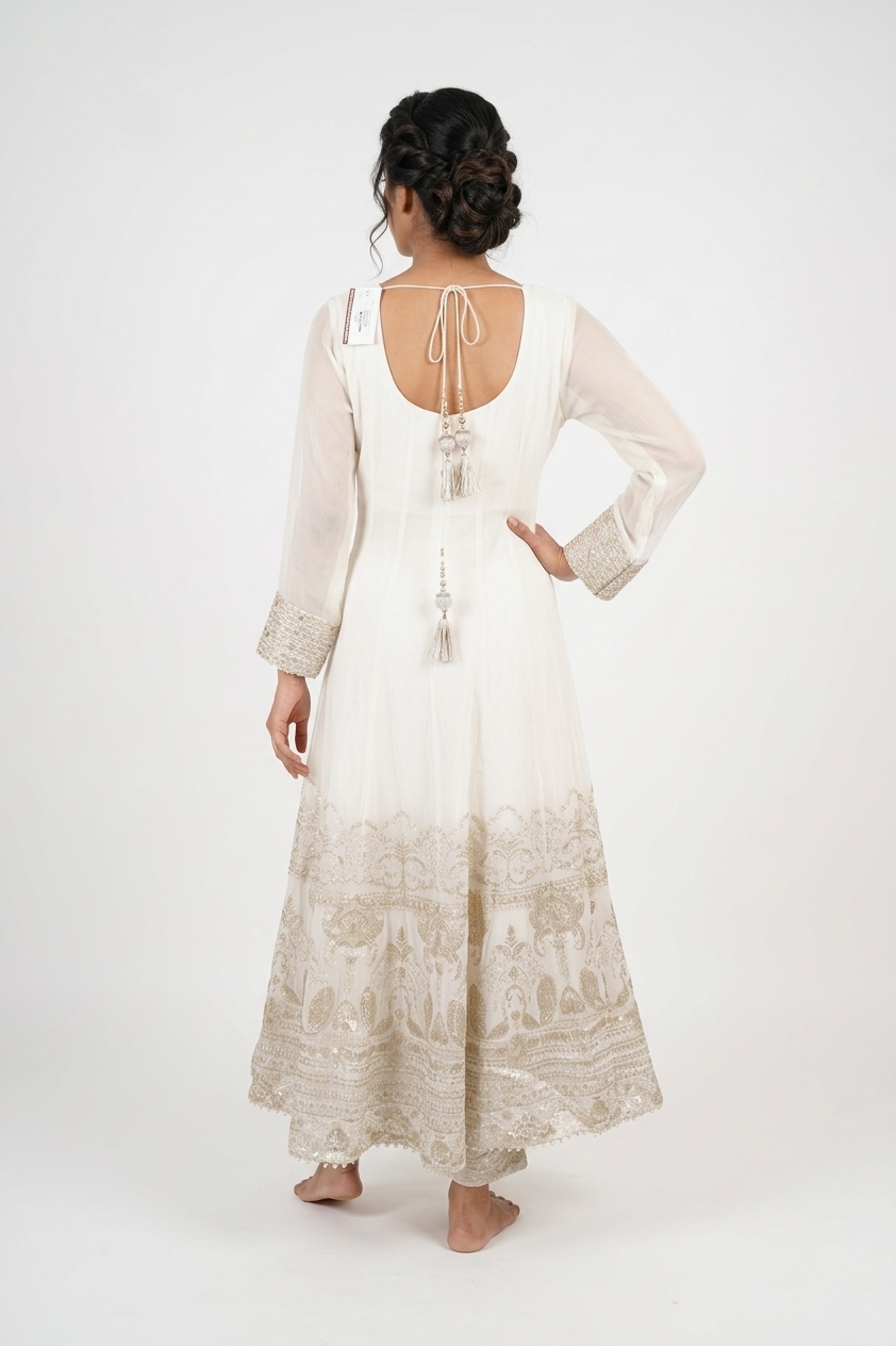 Ivory Gold Embroidered Anarkali Kurta Set With Dupatta