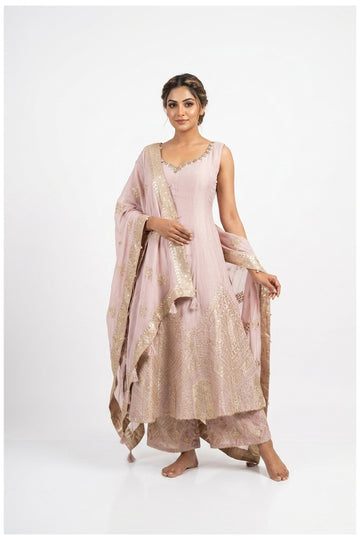 Blush Pink Zari Woven Anarkali Palazzo Set With Dupatta
