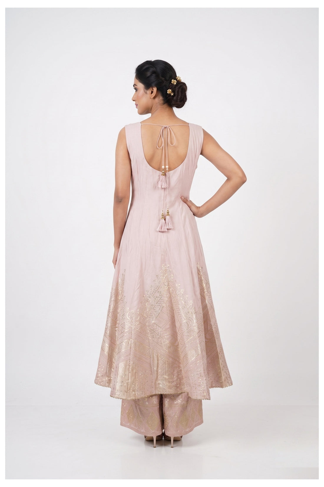 Blush Pink Zari Woven Anarkali Palazzo Set With Dupatta