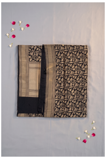 Ebony Black Pure Silk Banarasi Wedding Party Wear Saree