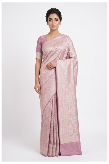 Pink Pure Banarasi Silk Saree With Intricate Floral Jaal Weaving