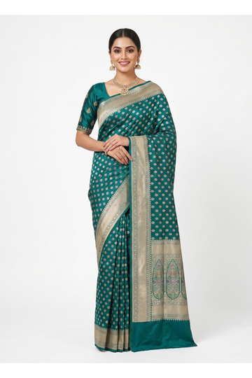 Teal Green Banarasi Pure Silk Saree With Zari Butta Weaving