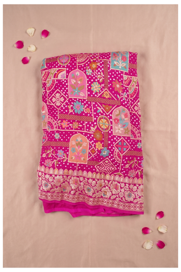 Rani Pink Bandhani Silk Saree With Elegant Jharokha Floral Motifs And Zari Border