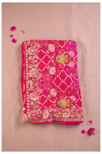Elegant Rani Pink Georgette Saree With Exquisite Floral Embroidery And Zari Border