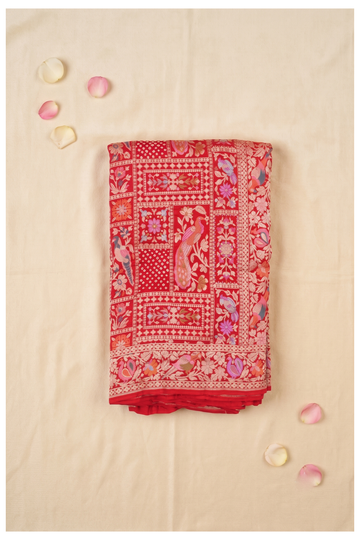 Elegant Red Banarasi Silk Saree With Peacock And Floral Minakari Jaal Work