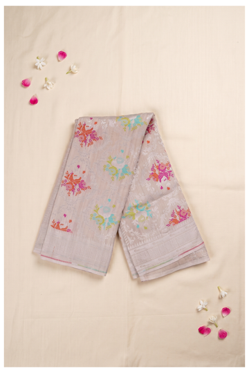 Elegant Champagne Beige Banarasi Silk Saree With Meenakari Floral Weaves