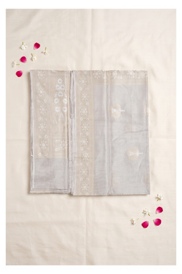 Silver Grey Banarasi Pure Silk Wedding Party Wear Saree