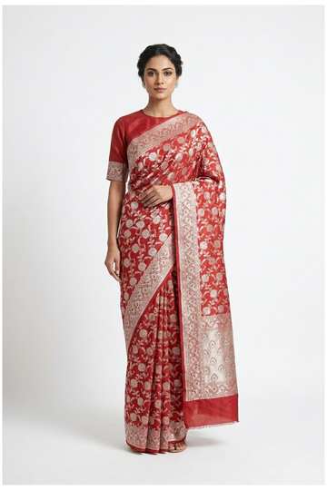 Deep Red Banarasi Pure Silk Wedding And Party Wear Saree