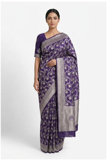 Deep Violet Pure Silk Banarasi Wedding And Party Saree