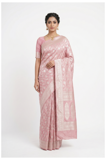 Pink Pure Banarasi Silk Saree With Silver Zari Butta Weaving