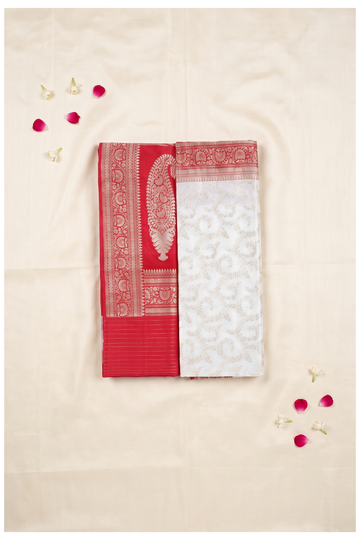 Ivory Banarasi Pure Silk Wedding Saree With Red Borders
