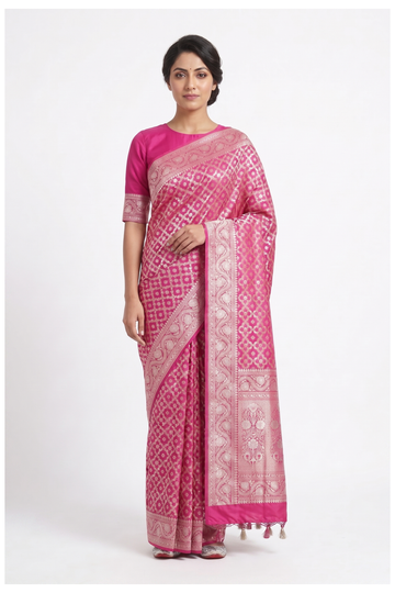 Dark Pink Banarasi Silk Saree With Zari Weaving
