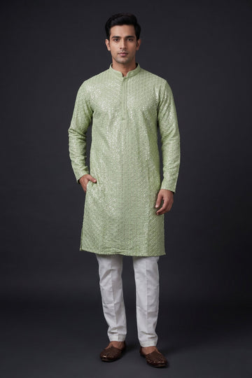Mint Green Textured Festive Kurta For Men
