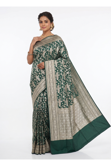 Pomona Green Pure Banarasi Silk Saree With Silver Zari Heritage Weaving