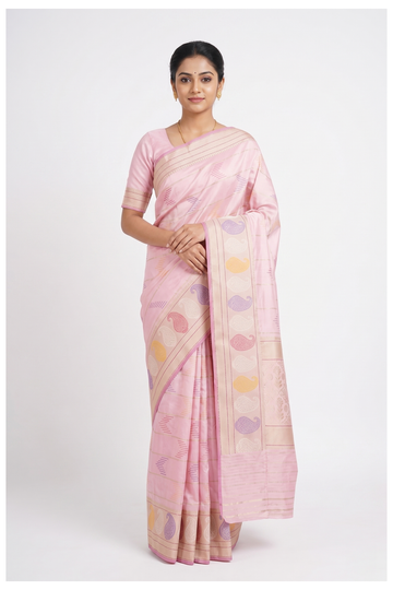Pink Pure Banarasi Silk Saree With Multicolor Paisley Border Weaving