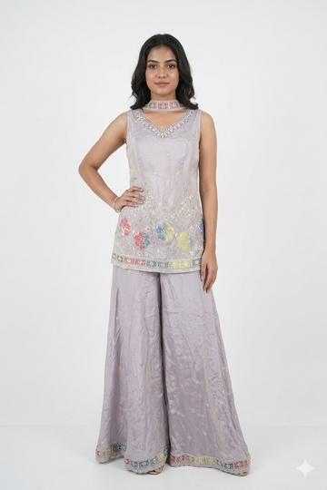 Lavender Floral Embroidered Sharara Set With Designer Kurta
