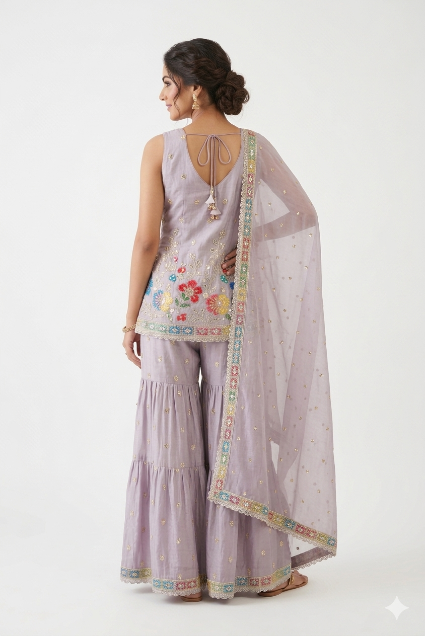 Lavender Floral Embroidered Sharara Set With Designer Kurta