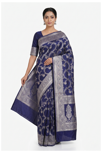 Dark Navy  Blue Banarasi Silk Saree With Weaving