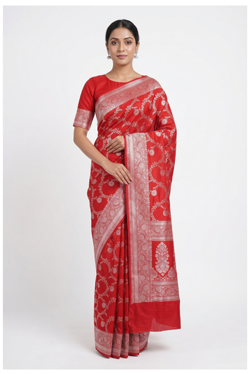 Crimson Red Banarasi Silk Saree With Weaving