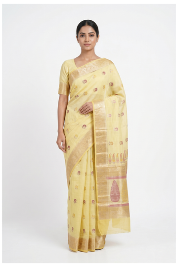 Pale Yellow Banarasi Silk Saree With Weaving