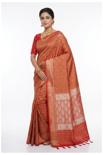 Rust Banarasi Pure Silk Saree With Weaving