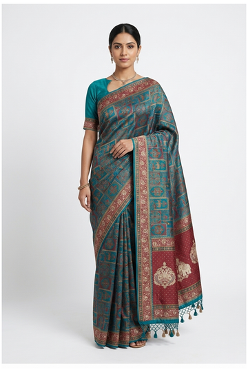 Teal Banarasi South Pure Tissue Silk Wedding Party Wear Saree
