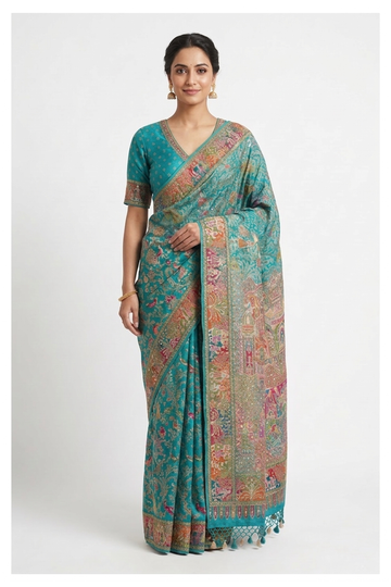 Teal Pure Silk Banarasi Wedding Saree