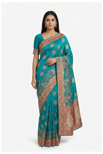 Teal Banarasi Pure Silk Wedding Party Wear Saree