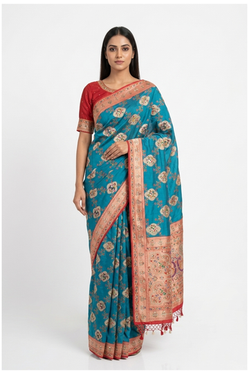 Teal South Tissue Silk Wedding Saree