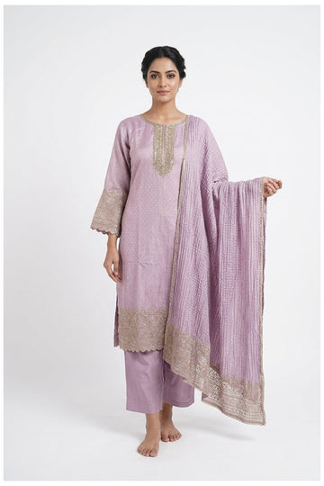Lavender Embroidered Kurta Set With Designer Dupatta