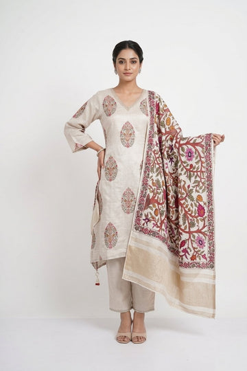 Ivory Kashmiri Floral Designer Kurta Pant Set With Dupatta