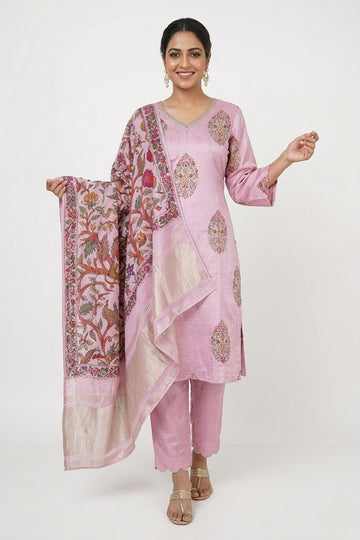 Blush Pink Kashmiri Floral Designer Kurta Pant Set With Dupatta