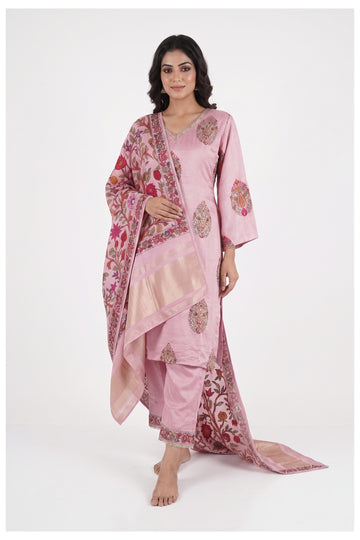 Blush Pink Floral Printed Silk Suit Set With Designer Dupatta